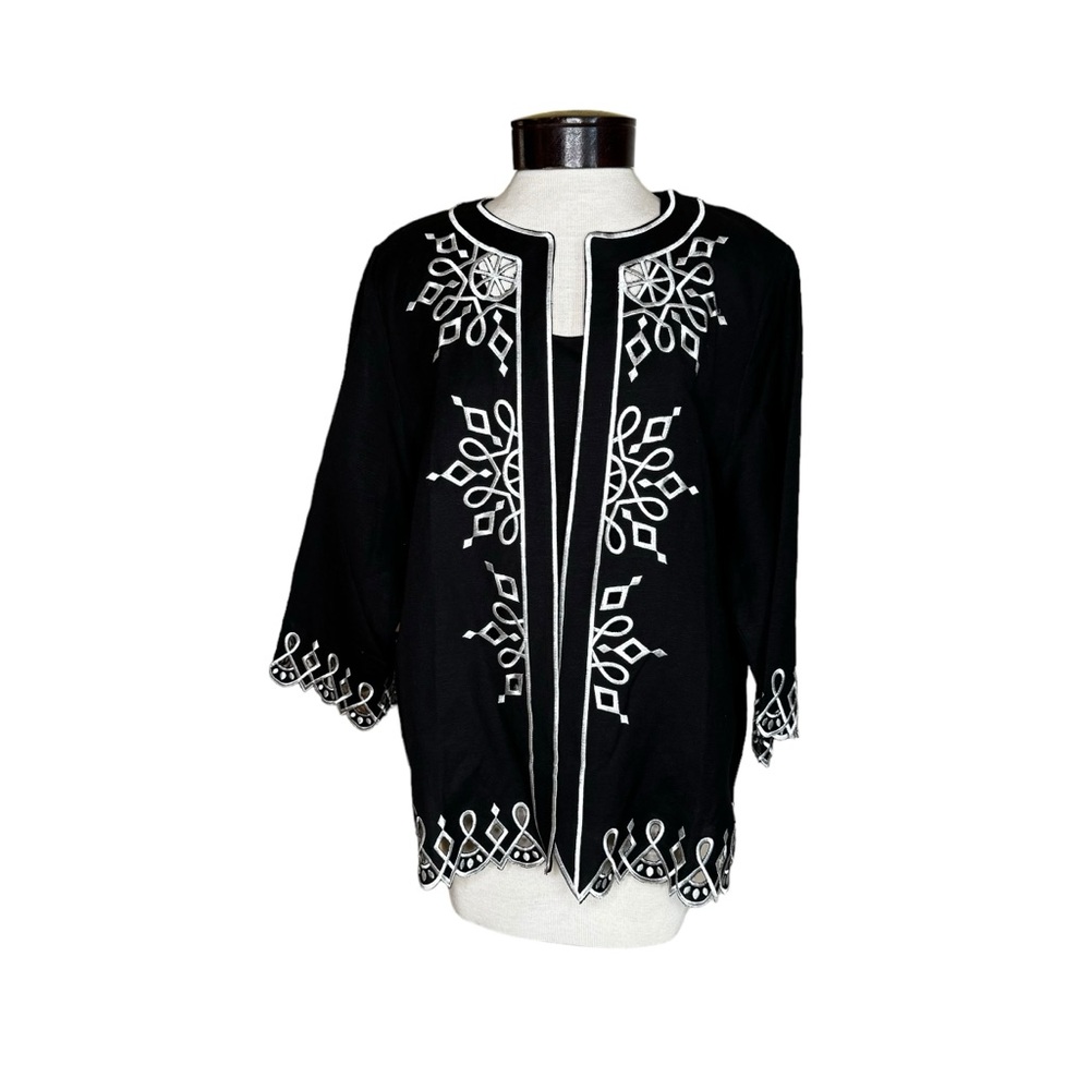 Bob Mackie Wearable Art Black White Cutout Trim Linen Blend Twin Set Large